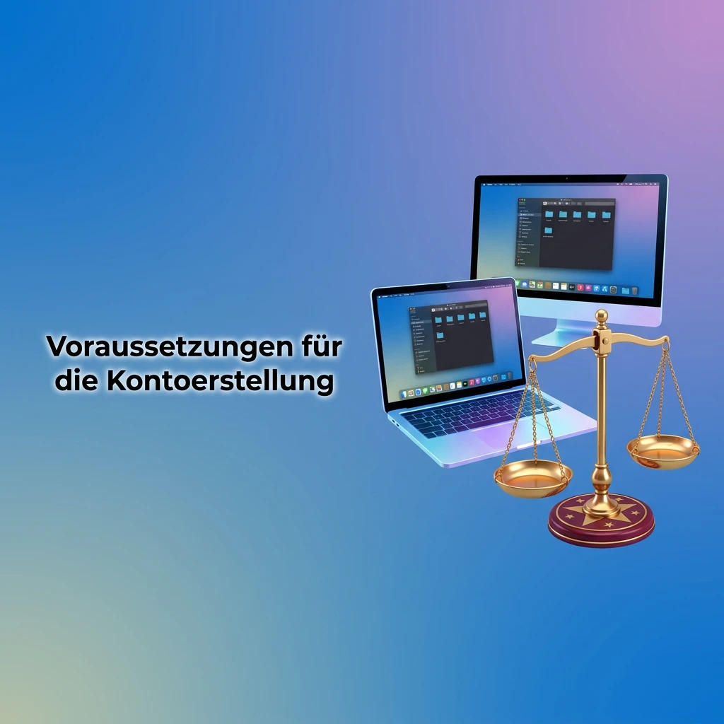 Checklist of account creation requirements: age 18+, German residence, valid ID, one account per person, accurate details.
