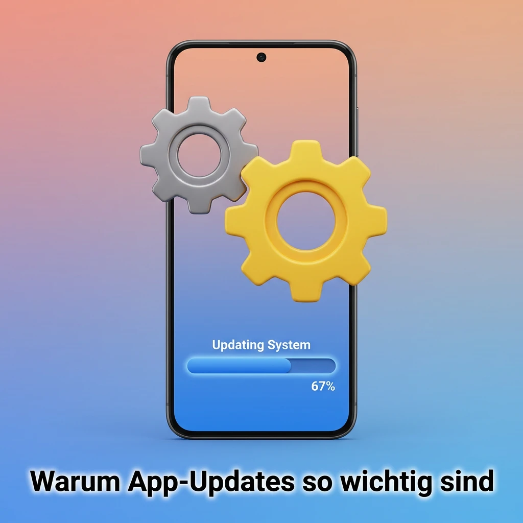 Smartphone displaying app update notification with security shield and performance icons highlighting importance of updates