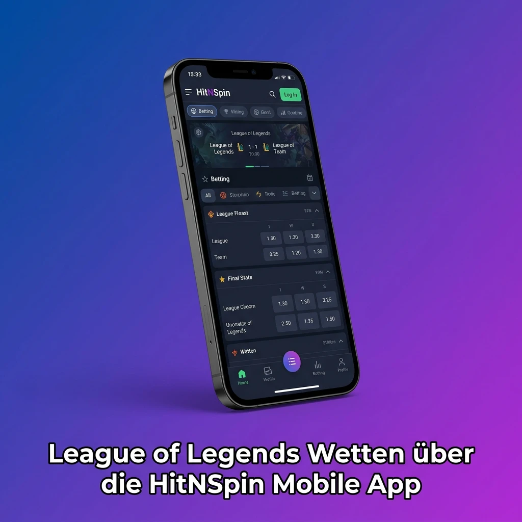 HitNSpin mobile app interface showing League of Legends esports betting options with live odds on smartphone