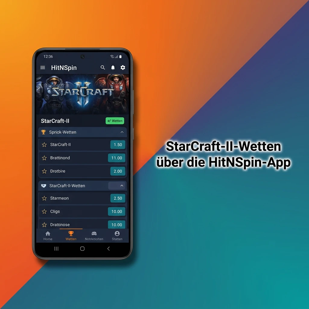 HitNSpin App auf Smartphone mit StarCraft II Esports-Wetten und Navigationsmenü